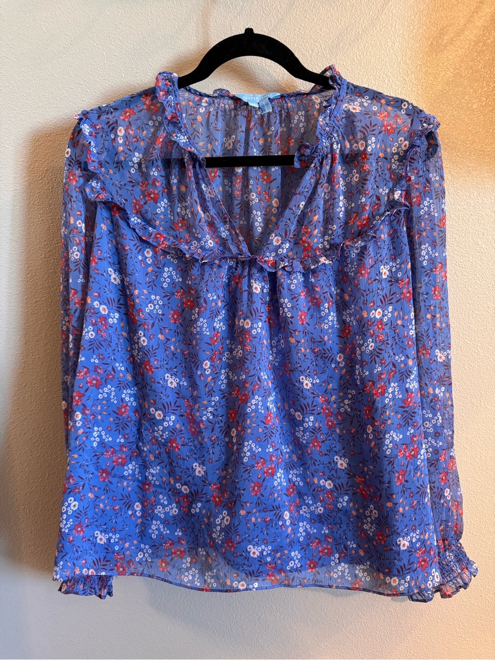 Draper James Blue Floral Ruffle Peasant Blouse